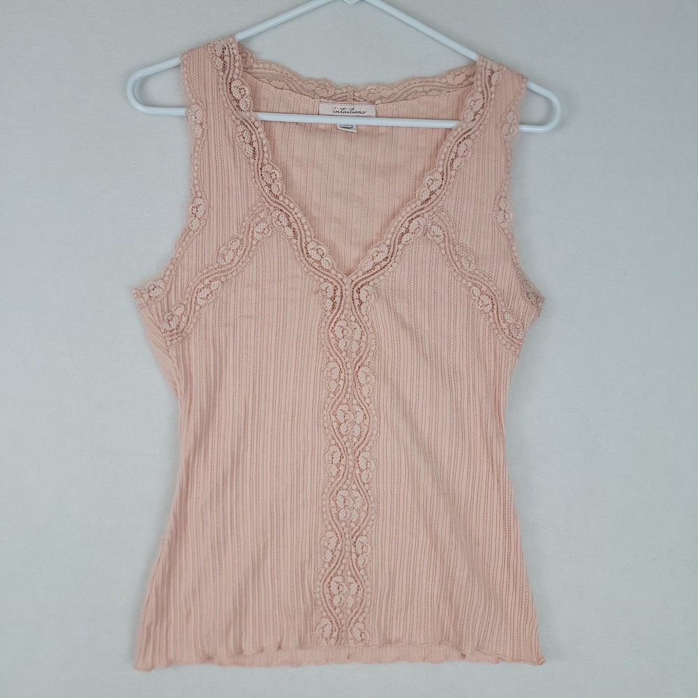 Vintage Y2K Intuitions Womens Pink Ribbed Lace Trim V-Neck Tank Top Size Medium